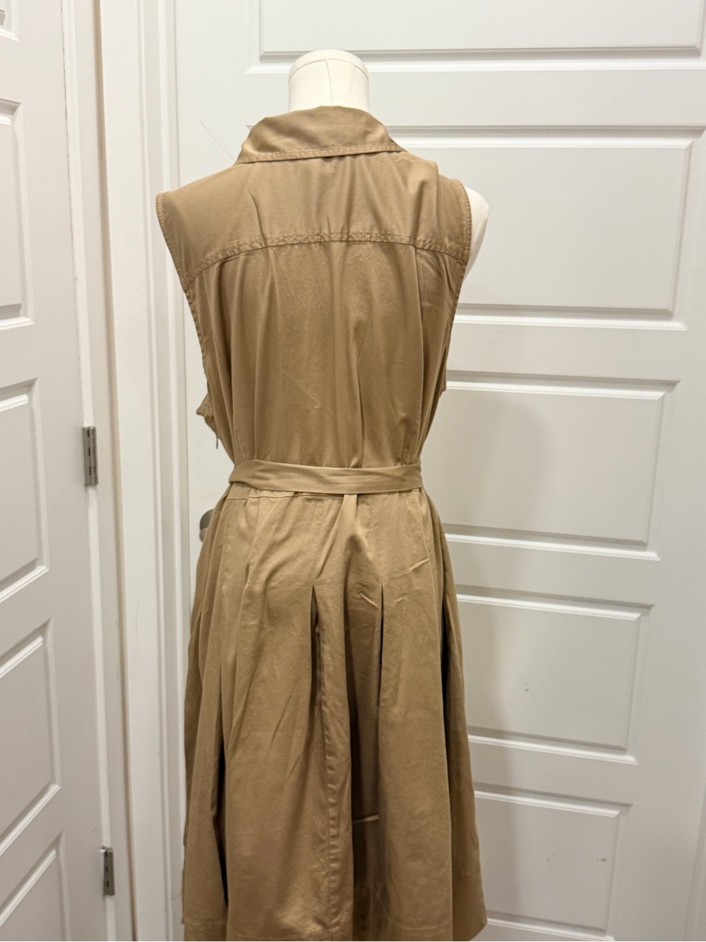 Talbots Sleeveless Safari Khaki Tan Midi Dress With with Tie Waist and Pockets - Picture 7 of 8